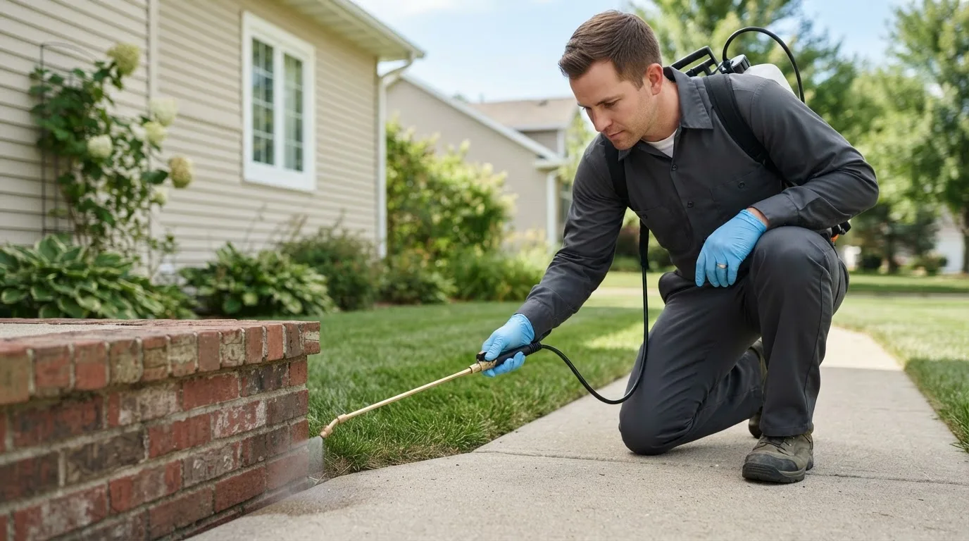 Pest control technician treating a home near Liberty, KS